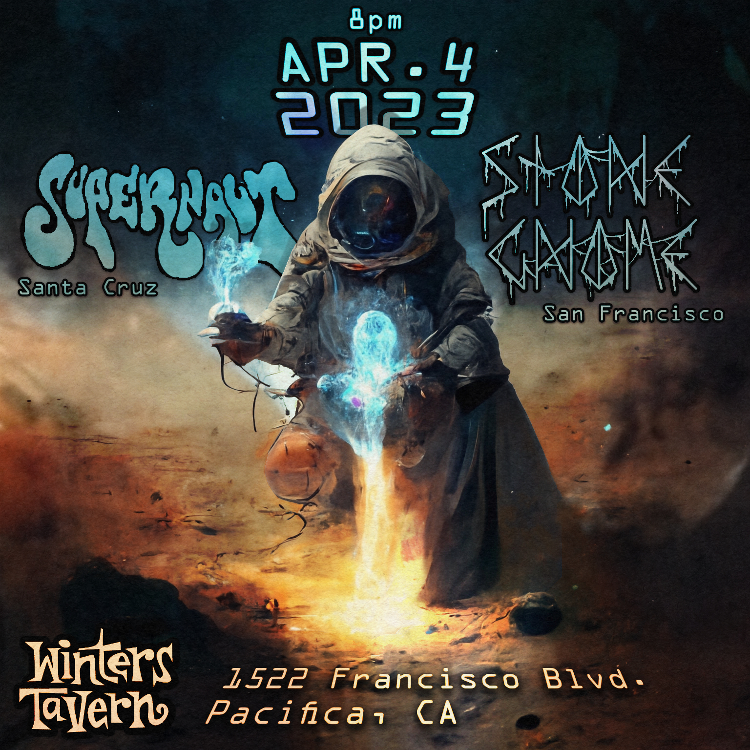 Flyer for Stone Gnome and Supernaut show at Winters Tavern in Pacifica, CA on April 4th, 2023
