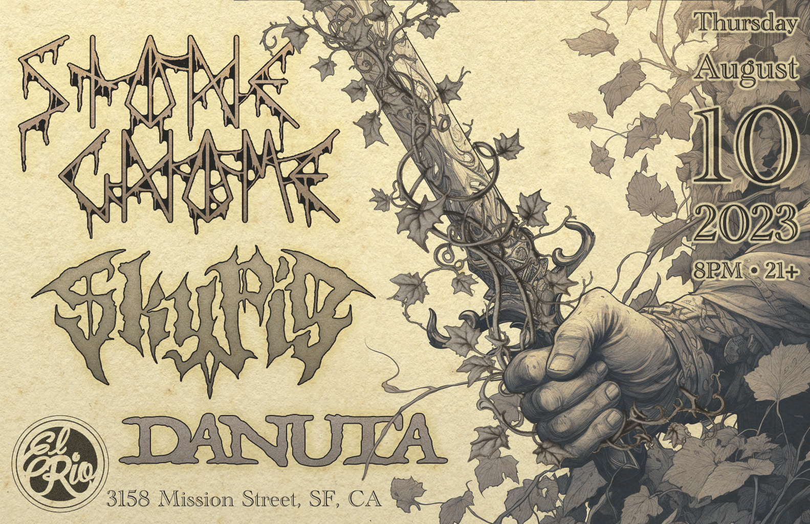 Concert poster for Stone Gnome gig with Sky Pig and Danuta, at El Rio in San Francisco, California, August 10th, 2023.