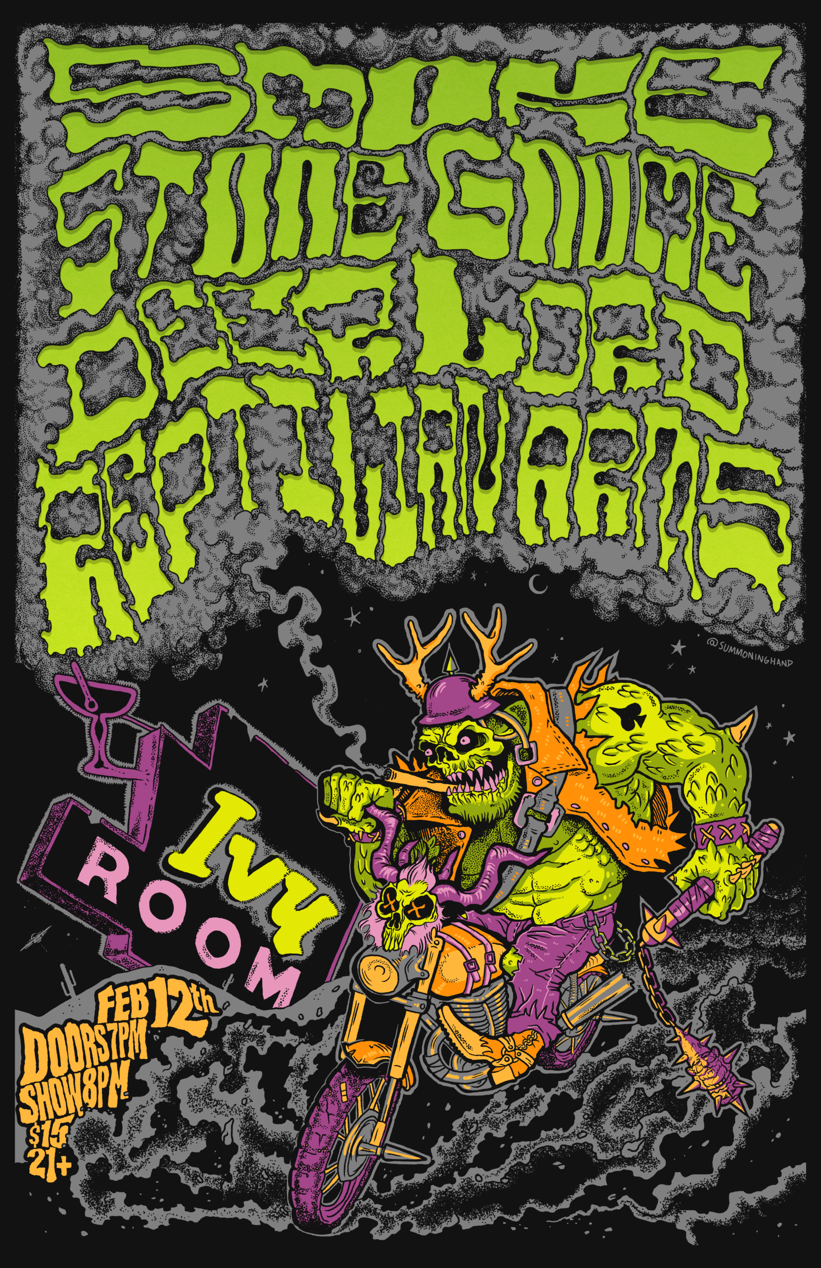 Flyer for Stone Gnome, Smoke, Deer Lord, and Reptilian Arms show at Ivy Room, on Wednesday, February 12th, 2025. Doors at 7pm. Show at 8pm. $15. 21 and up.